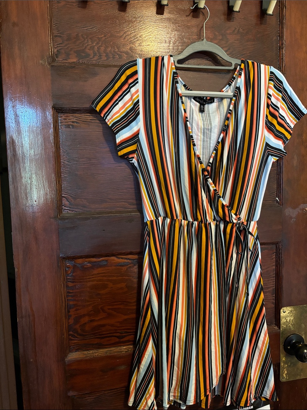 Derek Heart Multi-Stripe Wrap Mini Dress in Orange, Black, White, Tan